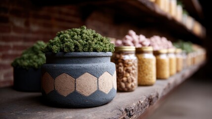 A textured gray pot with a hexagonal pattern holding green moss next to jars filled with dried goods on a wooden shelf