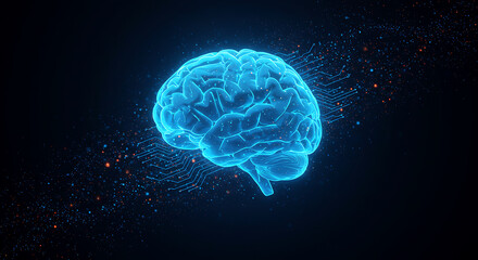 Glowing blue human brain hologram floating in dark space with digital particles and connections