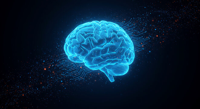 Glowing blue human brain hologram floating in dark space with digital particles and connections
