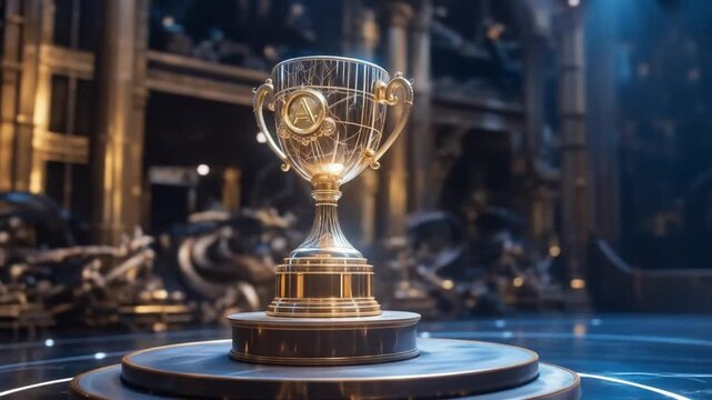 Golden trophy, championship concept with golden light on abstract dark blue background