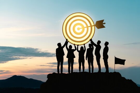 Team reaching glowing bullseye with arrow at sunset, collaboration, shared goals, success, achievement.