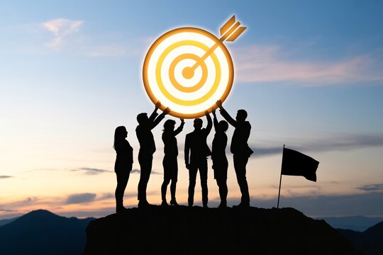 Team reaching glowing bullseye with arrow at sunset, collaboration, shared goals, success, achievement.