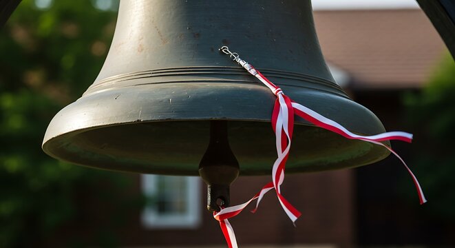 A close-up of a bell adorned with red and white ribbons, symbolizing celebration and tradition.