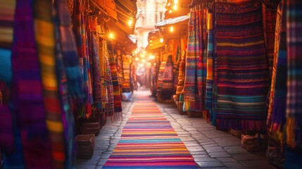Fototapeta premium Colorful Textiles in Vibrant Market Under Soft Warm Lighting