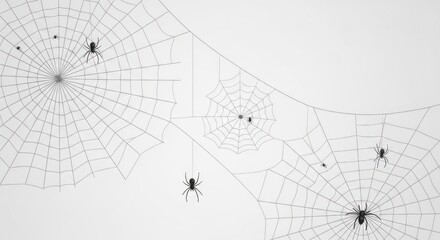 Spooky Spiderwebs with Black Spiders on a Light Background, Halloween Decoration, Creepy Webbing