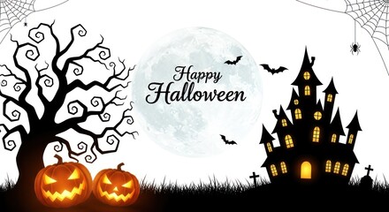 Halloween Scene with Haunted House, Pumpkins, and Full Moon for Spooky Holiday Celebrations