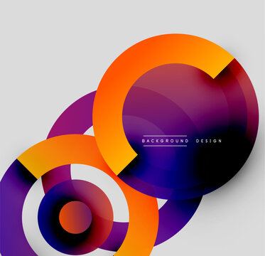 Abstract circles overlap, creating vibrant gradients. Modern design utilizes purple, orange, white hues. Minimalist aesthetic.