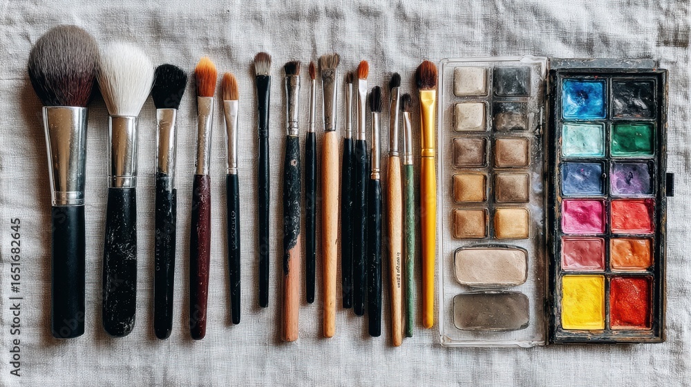 Poster array of makeup brushes and a watercolor palette displayed on a textured fabric surface during dayli