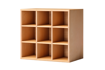   Minimalist Wooden Cube Shelf with Open Storage Compartments, Front View, Transparent Background