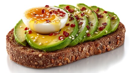 Avocado Toast with Egg with Seeds, and and Chili Flakes  Healthy Breakfast on White.