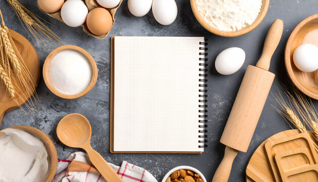 Top view of baking essentials and ingredients with an open notepad for a homemade pastry, bread, or cake recipe concept