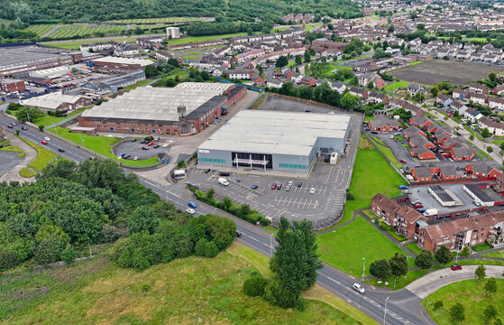 Aerial drone view of Capita Managed IT Solutions Computer consultant and JG Burns Welding Supply Shop Newtownabbey Northern Ireland 08-08-25