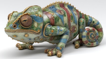 Fototapeta premium Colorful decorative chameleon statue with intricate mosaic design on white backdrop.
