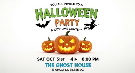 Halloween Party Invitation with Pumpkins, Bats, and a Witch Silhouette for a Costume Contest at The Ghost House on October 31st at 800 PM in Bisbee