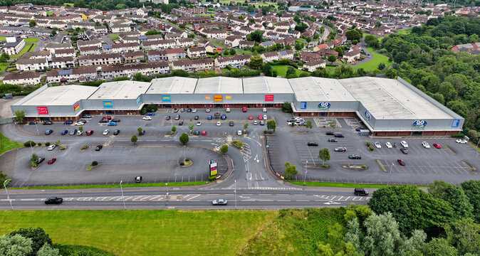 Aerial View of Harry Corry, Smyths Toys, Halfords, USC Ladies Clothes Shop and GO Outdoors at Valley Retail Park Shopping Centre Newtownabbey Northern Ireland 08-08-25