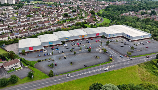 Aerial View of Harry Corry, Smyths Toys, Halfords, USC Ladies Clothes Shop and GO Outdoors at Valley Retail Park Shopping Centre Newtownabbey Northern Ireland 08-08-25