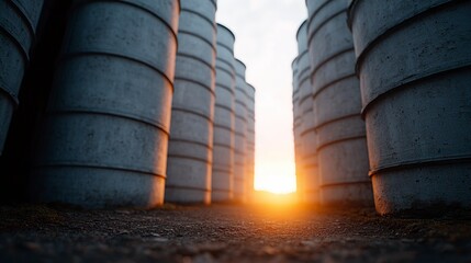 Row of large concrete cylinders with sunlight filtering through the middle
