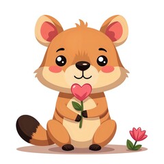 Charming cartoon fox holding a heart shaped flower