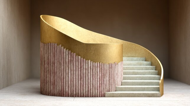 Modern curved staircase featuring gold metal railing and textured pink vertical accents