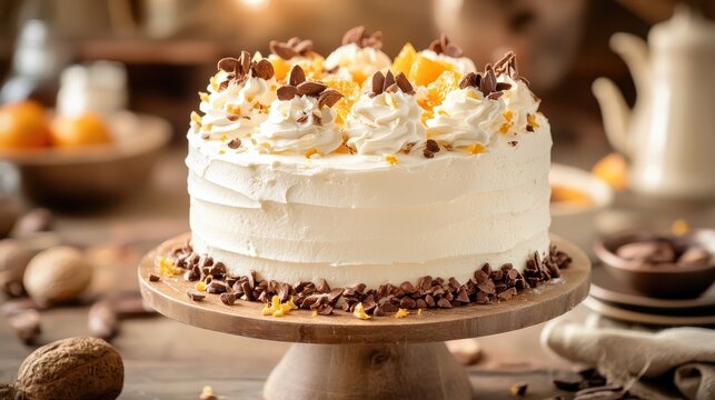Delicious Chocolate Orange Cake Decorated with Whipped Cream and Nuts