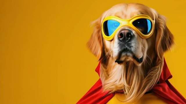 Superhero golden retriever in mask on isolated background.