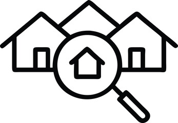 A magnifying glass focusing on a house amidst a backdrop of residential buildings and mountains