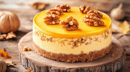 Delicious Pumpkin Cheesecake with Nut Topping on Rustic Wooden Table