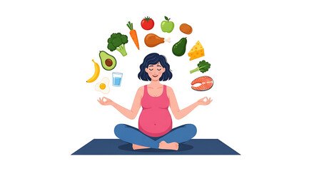Pregnant woman meditating with healthy food