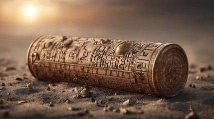 Ancient Cylinder with Hieroglyphs on a Desert Landscape at Sunset