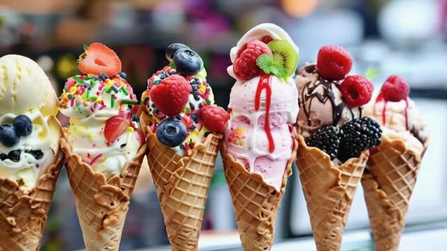 Variety of ice cream cones with toppings.