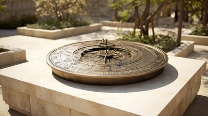 Detailed View of an Ornate Sundial in a Serene Garden Setting