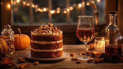 Fototapeta premium Cozy Autumn Dessert Table with Cake and Warm Drink