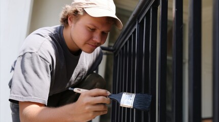 Fototapeta premium Young man painting stair railing with brush, focused on detail, wearing cap, showcasing creativity and home improvement skills