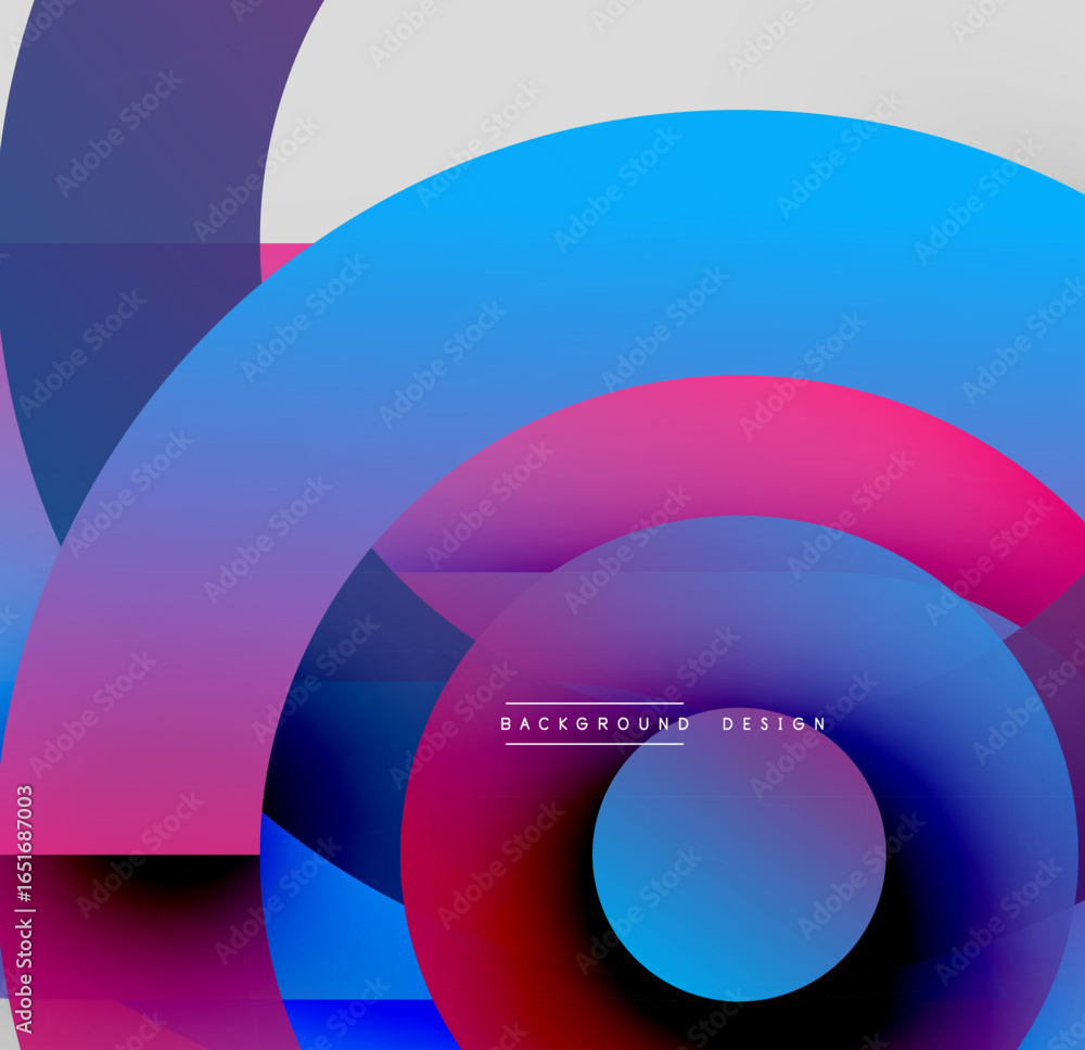 Poster abstract colorful circles overlap creating dynamic visual effect. gradient shades blend, forming mod