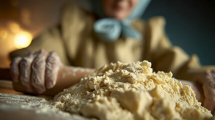 Fototapeta premium Person's hands with a rolling pin working a mound of raw dough covered in flour