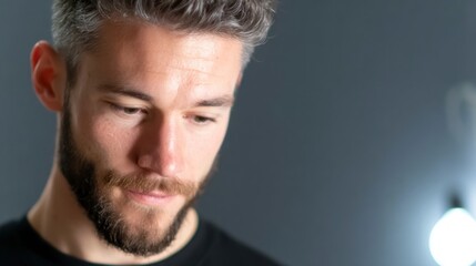 Fototapeta premium Close up of a man with salt and pepper hair and a beard looking down male