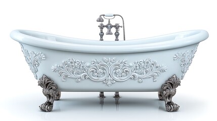 Elegant Clawfoot Bathtub Antique Design with Intricate Details, and Luxurious White on White.