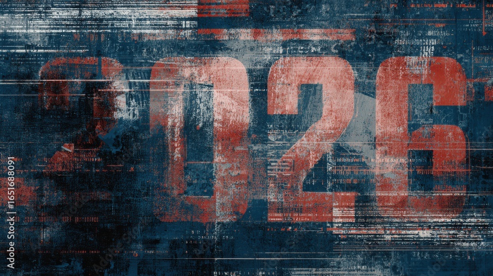 Poster numerical design featuring bold 2026 against a textured blue and red background, showcasing an artis