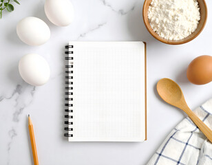 Baking background with a blank spiral notebook for text, surrounded by flour, eggs, and a wooden spoon. Culinary preparation concept.