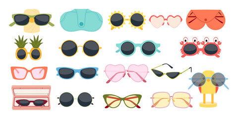 Set of trendy sunglasses in different fun styles. Colorful flat vector illustration, perfect for summer, fashion, travel, and holiday designs.