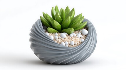 Elegant succulent plant in a gray swirled pot with white pebble accents with isolated.