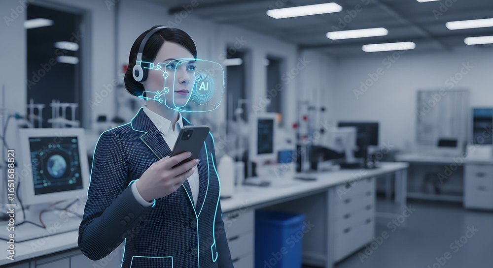 Aufkleber woman using augmented reality interface with ai in a lab environment while holding a smartphone devi