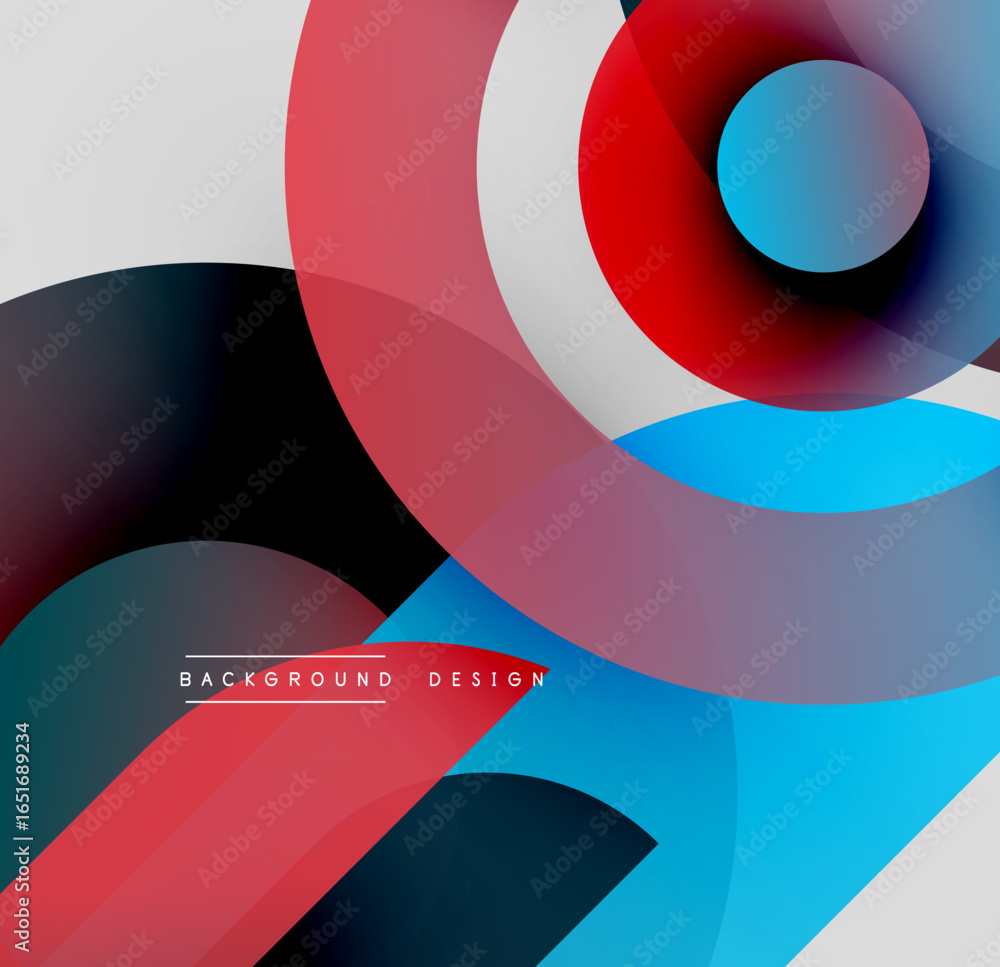 Poster abstract composition. overlapping circles create dynamic visual effect. red, blue, black, white hues