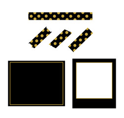 ドット柄の黒色・金色のマスキングテープとメッセージカード・フォトフレームのセット（手描きイラスト）