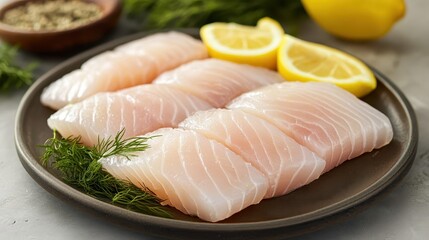 Fresh Fish Fillets on a Plate with Lemon and Herbs for Cooking