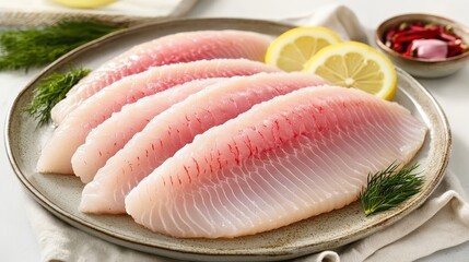 Fresh Fish Fillets on Plate with Lemon Slices and Herbs