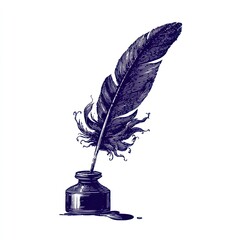 Quill in inkwell, detailed vintage illustration, deep indigo