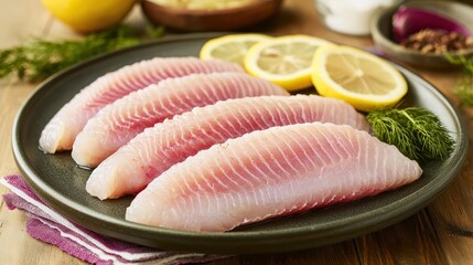 Fresh Fish Fillets with Lemon and Herbs on a Rustic Table Setting