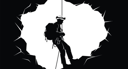 Silhouette of a caver rappelling into a cave, exploring underground world with rope and headlamp