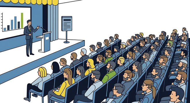 A confident speaker presents to a large audience at a professional conference, a clear illustration of public speaking and a corporate seminar.